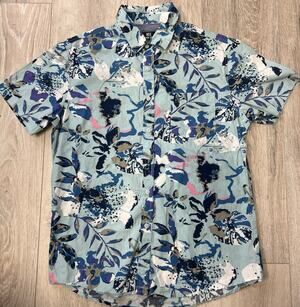 MBX Premium Goods Men’s M Floral Button Up Shirt Blue Tropical 100% Cotton